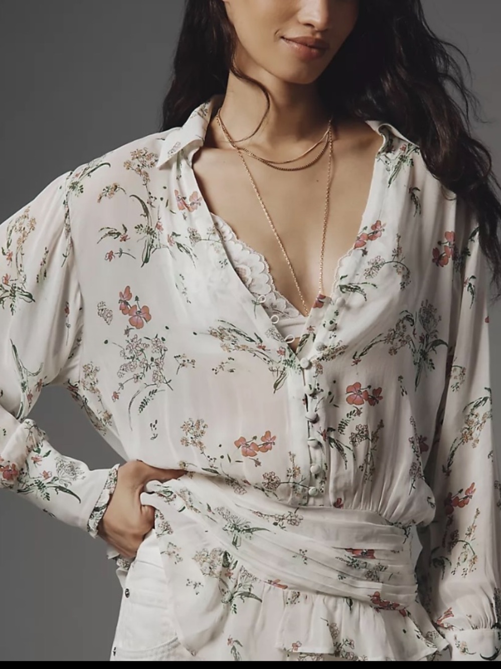 Anthropologie White Floral Button-Front Blouse